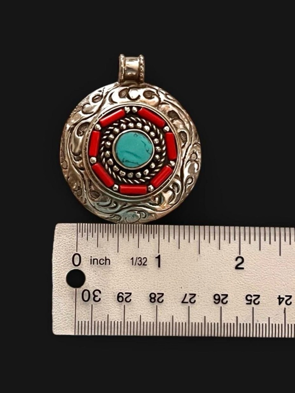 Large Southwestern Turquoise & Coral Tibetan Silver Medallion Pendant - Picture 4 of 7